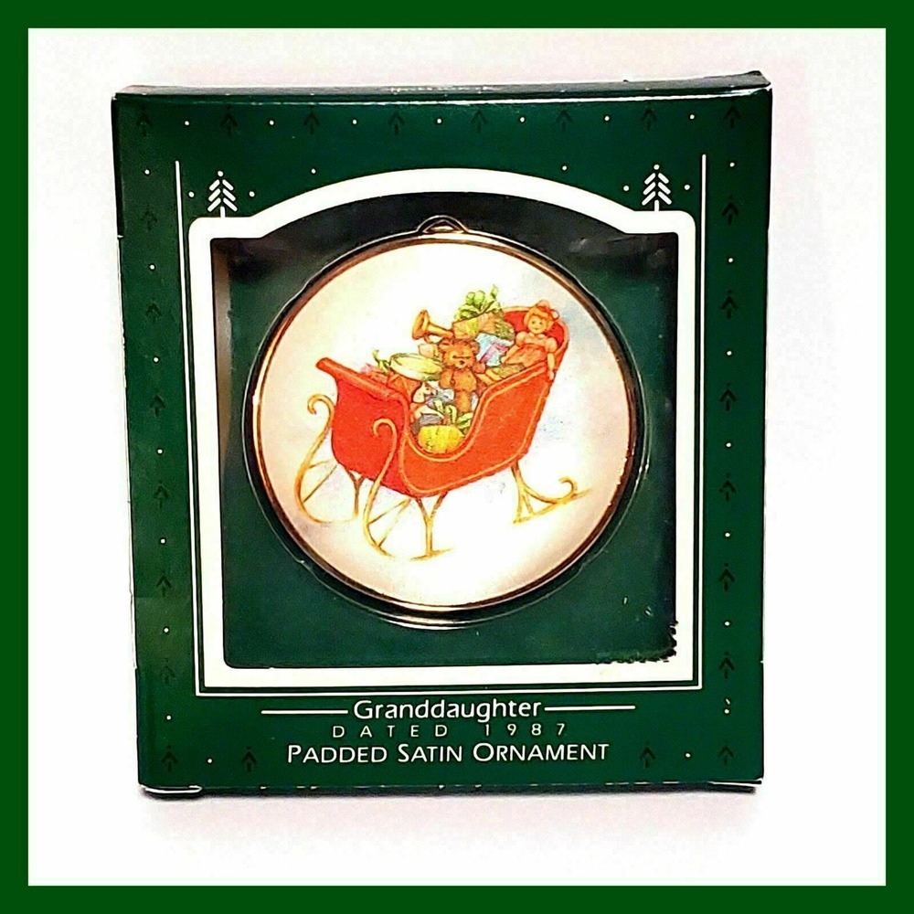 Hallmark Granddaughter 1987 Padded Satin Christmas Ornament Sleigh‎ Teddy Bear